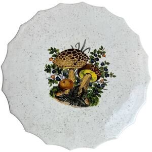 DW Ivory Scalloped Speckled Ceramic Cheese Cake Stand Mushrooms Print